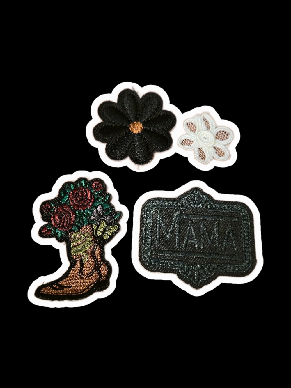 Flowers, Daisy, Floral Cowgirl Boot, 'MAMA' Embroidered Iron-On Patch Set Of 4